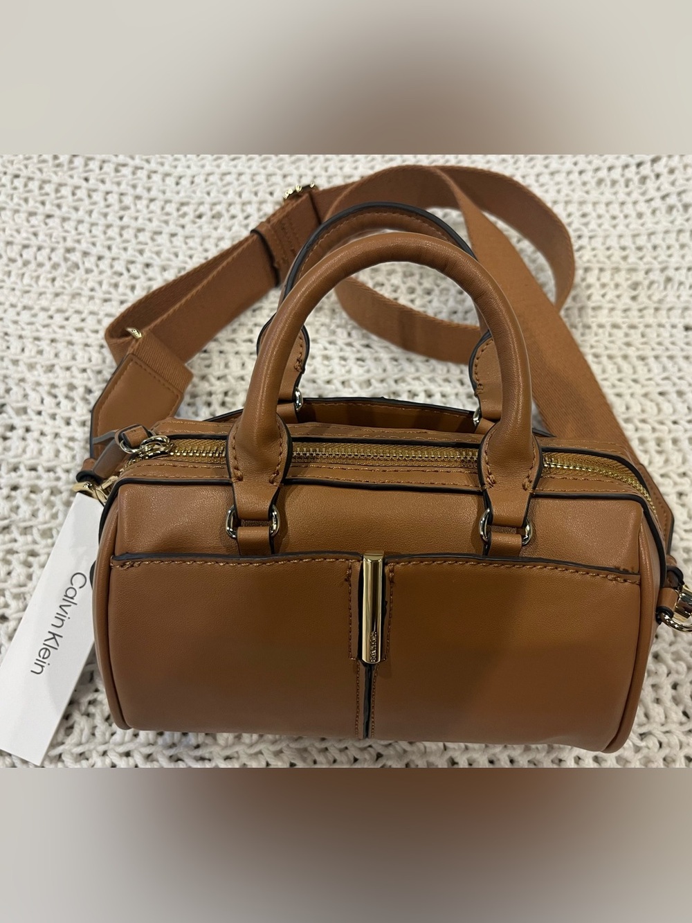 Calvin Klein Caramel Combo Mini Satchel Crossbody Bag NWT Gold Tone MSRP $158